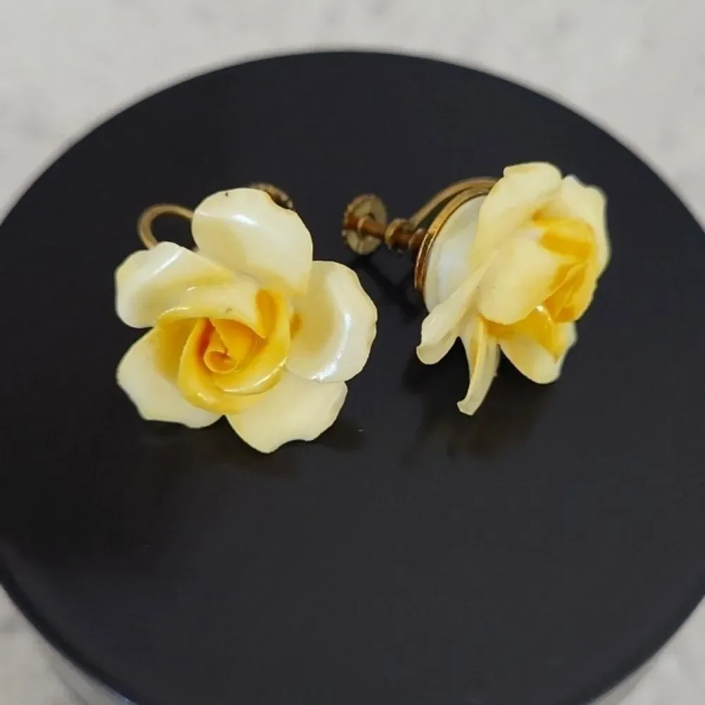 Vintage 1950s-60s Denton England Bone China,Yellow Rose Screw Back Earrings